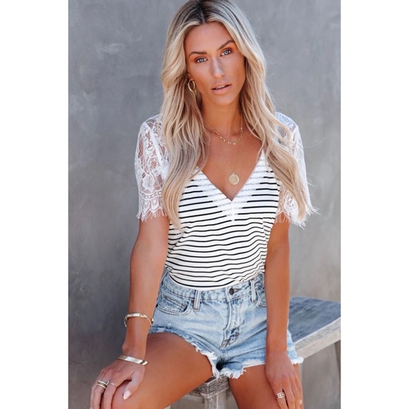 POL White with Black Stripes V Neck Lace Sleeve Rayon Jersey Tee - Picture 3 of 12